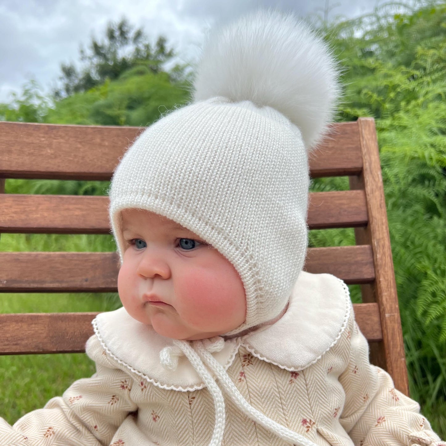 Cashmere Knit Baby Hat: Fox Fur Pom Pom, Handmade in USA