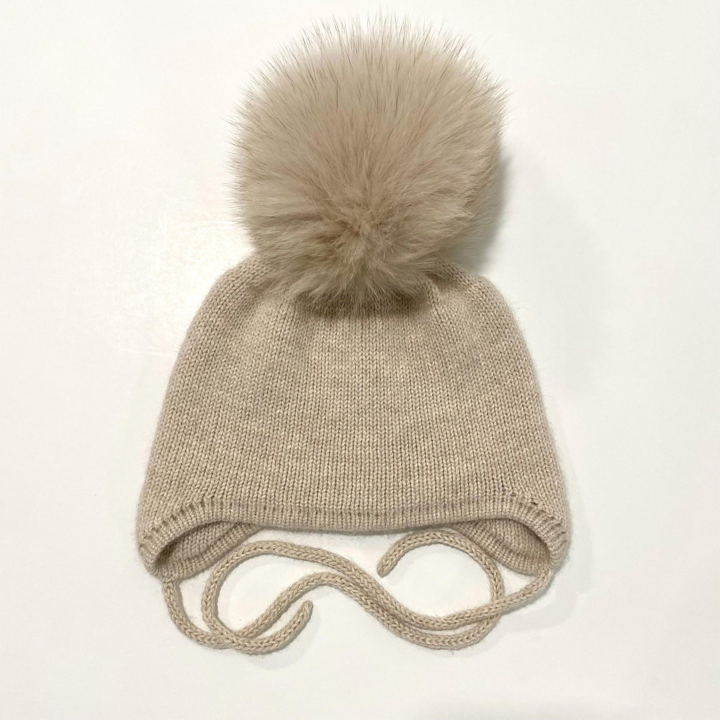 Cashmere Baby Knit Hat: Fox Fur Pom-pom, Handmade in USA