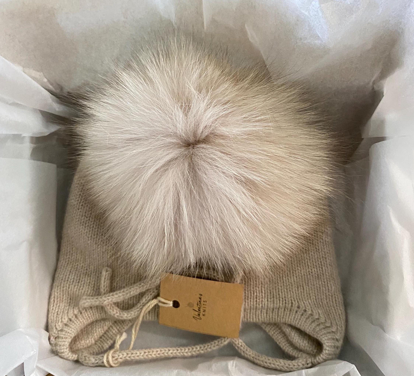Cashmere Knit Baby Hat: Fox Fur Pom Pom, Handmade in USA