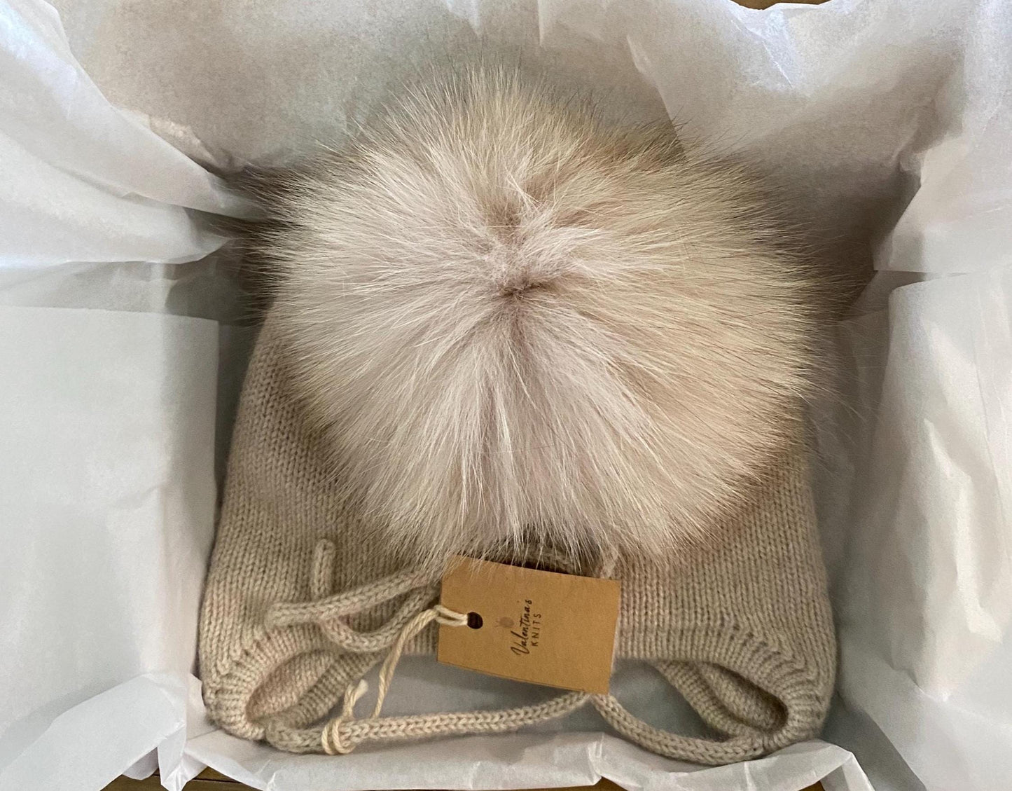 Cashmere Baby Knit Hat: Fox Fur Pom-pom, Handmade in USA
