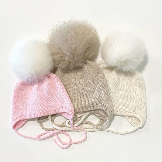 Cashmere Baby Knit Hat: Fox Fur Pom-pom, Handmade in USA