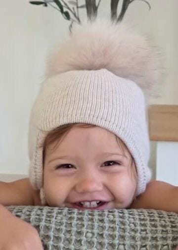 Cashmere Baby Knit Hat: Fox Fur Pom-pom, Handmade in USA